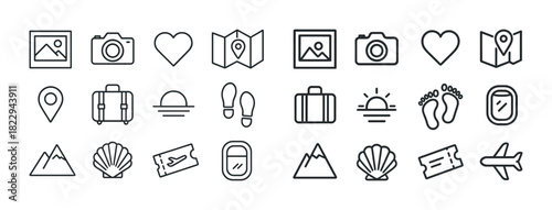 Travel icon set: camera, heart, map, luggage, mountain, shells, airplane