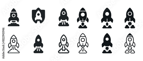 Set of twelve rocket icons in black and white