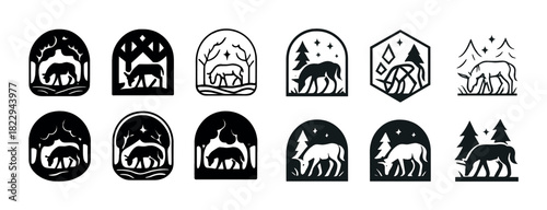 Black and white deer silhouettes in nature-themed geometric frames