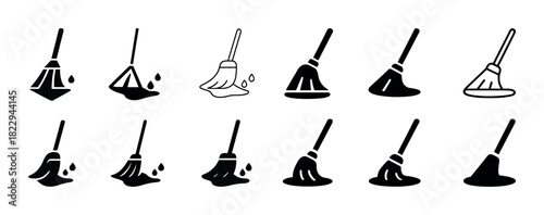 Collection of mop icons with water drops in various styles and designs