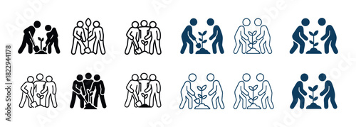 Icon set of people planting trees: teamwork, growth, nature, collaboration
