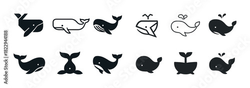 Minimalist whale icons set with diverse designs and styles