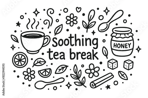 Soothing Tea Doodle. Soothing tea break. Hand-drawn doodle illustration of Soothing tea break. teacup, lemon