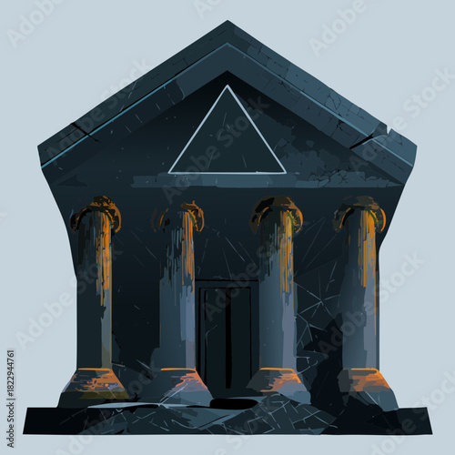 Dark and enigmatic illustration of an ancient temple or institution facade, with classical pillars and a central triangular symbol, evoking forgotten knowledge and mysterious might
