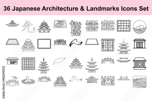 Collection of 36 Japanese Architectural and Landmark Icons Representing Japanese Culture History and Tradition in Simple Black Outline Style Isolated