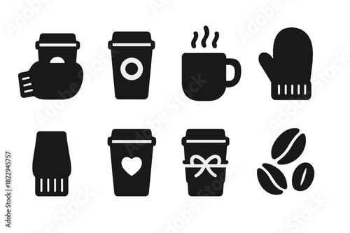 Winter Coffee Icons. Winter coffee. Filled icon set of winter coffee: gloved hand, coffee cup, steaming mug,