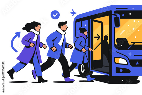 Winter Bus Arrival. Bus arrival. Bus pulling up with open doors, passengers in coats stepping forward, warm