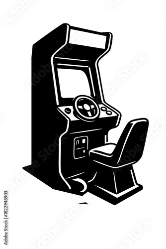 retro sit-down arcade racing machine with steering wheel and pedals