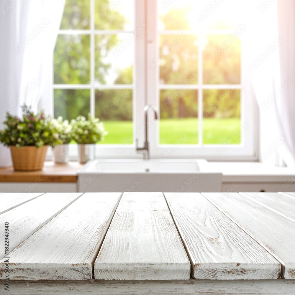 Fototapeta premium A rustic wooden table, elegantly distressed with white paint, adorned with a vibrant bouquet of fresh flowers in a charming vase, creating a warm ambiance.