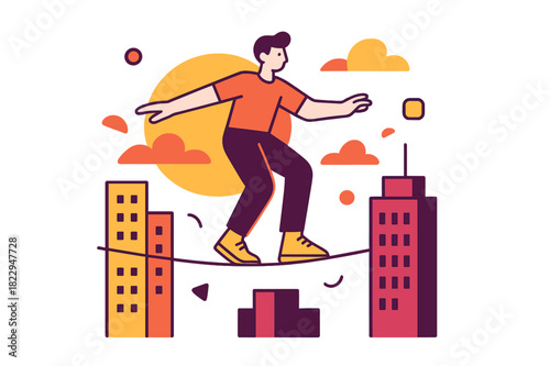 Urban Tightrope Sunset. Urban Balance. Character balancing on a line between skyscrapers, glowing sunset