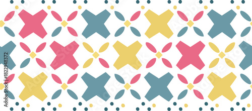 Abstract geometric pattern with colorful floral motifs and small dot accents, perfect for decorative applications and fabric design