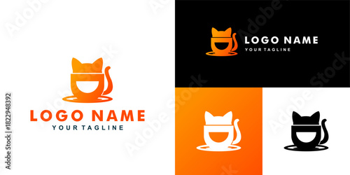 Coffee and cat logo design vector icon