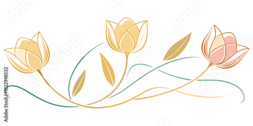 Elegant floral design featuring three stylized lotus or tulip flowers in soft pastel yellow, pink, and gold with flowing teal lines. Perfect for invitations, wedding decor, and sophisticated spring th