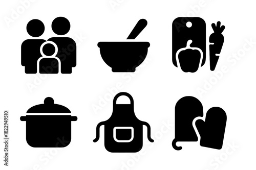 Winter Kitchen Icons. Winter kitchen. Filled icon set of winter kitchen: family, mixing bowl, spoon, cutting