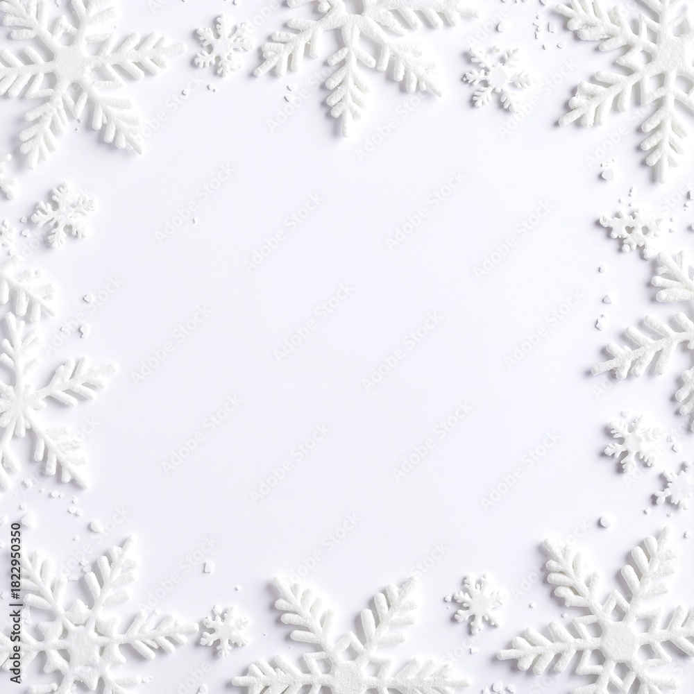Obraz premium Delicate snowflakes of various intricate designs gently rest on a pristine white background, creating a serene and tranquil winter scene.