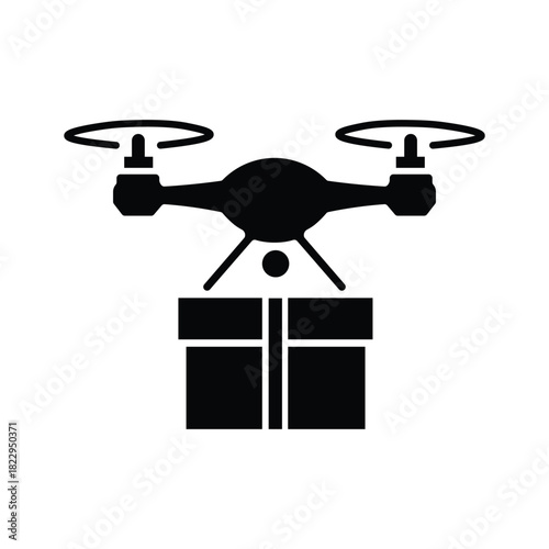 Black drone delivers a gift box through air on white background in vector