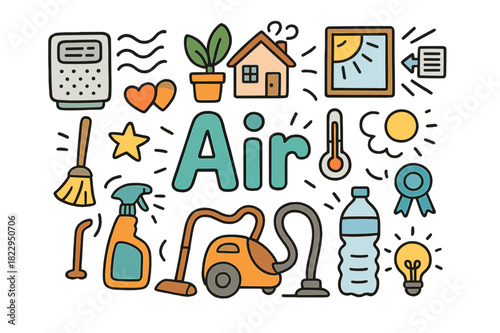 Indoor Air Quality Doodles. Indoor air quality. Hand-drawn doodle illustration of indoor air quality. Air
