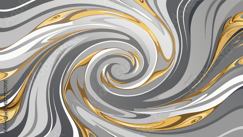 Dynamic abstract swirl background in modern gray and white tones, accented with luxurious metallic gold liquid lines. This hypnotic marbled texture is ideal for luxury branding, upscale presentations,