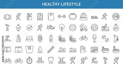 healthy lifestyle icons set, fitness outline symbols, wellness nutrition elements, exercise activity graphics, weight loss illustration, medical health design, minimal line icons