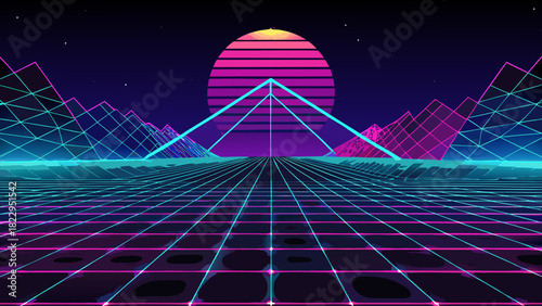 Synthwave/Retrowave background featuring an illuminated pink and blue grid vanishing into the distance toward a glowing striped sun and geometric pyramids, evoking 1980s neon aesthetics.