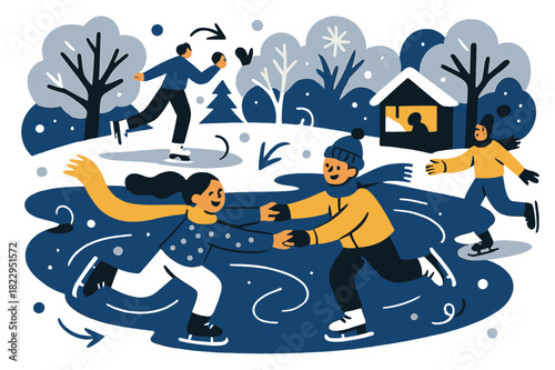 Joyful Ice Skating Scene. Ice skating in the park. Joyful people gliding on a frozen pond surrounded by snowy