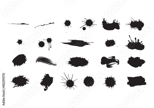Set different black splash, collection brush strokes Vector Silhouette