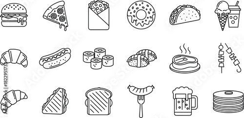 Food icons set featuring fast food, snacks, desserts, drinks, bakery items, grilled meals, sushi, sandwiches, donuts, pizza, outline style