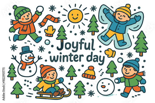 Joyful Winter Fun. Joyful winter day. Hand-drawn doodle illustration of joyful winter day. Kids playing, snow