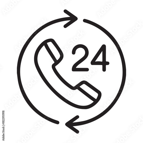 24 hour customer service hotline icon with phone and arrows