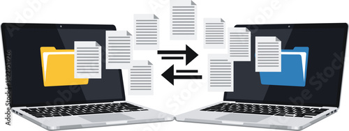 File transfer between two laptops with folders, document sharing, data exchange, digital communication, cloud backup, online synchronization, information workflow illustration