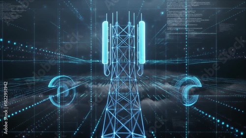 Digital rendering of a telecommunications tower with data streams and glowing elements.