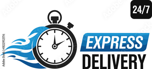 Express delivery service logo with stopwatch, fast shipping symbol, 24/7 courier concept, speed transport icon, modern blue flame design