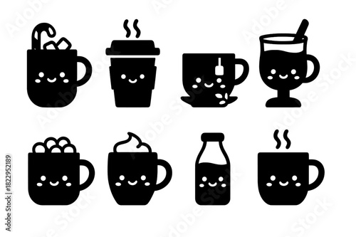 Kawaii Holiday Drinks. Kawaii holiday drinks. Filled icon set of kawaii holiday drinks: kawaii hot chocolate,