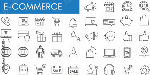 E-commerce icons set, online shopping symbols, digital marketing elements, retail vector pack, commerce tools, sale, payment, delivery, store