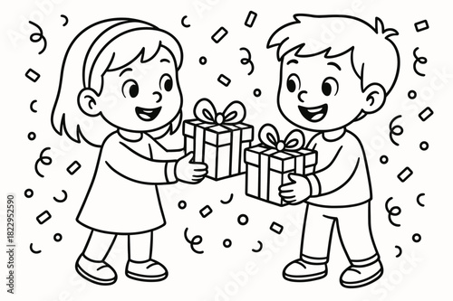 Kid's Gift Exchange. Gift exchange children?s coloring book illustration, outlined drawing, children giving