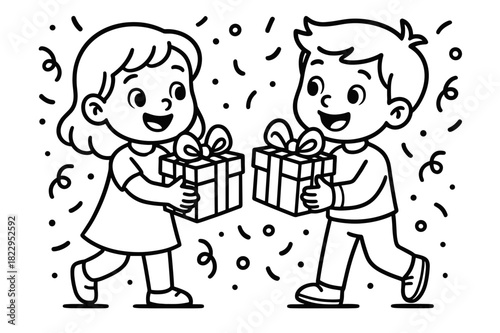 Kid's Gift Exchange. Gift exchange children?s coloring book illustration, outlined drawing, children giving