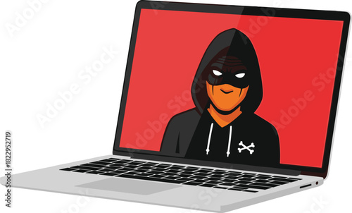 Cybersecurity hacker illustration on laptop screen, online threat warning, cyber attack concept, digital fraud protection, computer security alert graphic design