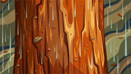 a wet tree trunk during rainfall. Features brown bark texture, falling water droplets, and scattered leaves/stones against a muted background. Ideal for nature, weather, and forest themes.