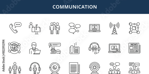 Communication icons, digital media, teamwork, online chat, global network, technology tools, business interaction, connection, messaging, virtual meeting, audio, video, broadcast