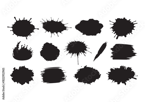 Set different black splash, collection brush strokes Vector Silhouette