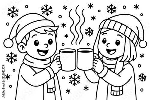 Kids' Cozy Cheers. Holiday hot drinks children?s coloring book illustration, outlined drawing, two friends