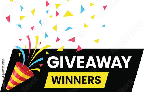 Colorful giveaway winners announcement banner, celebration confetti explosion, festive party popper design, vibrant promotional graphic for contest winner reveal