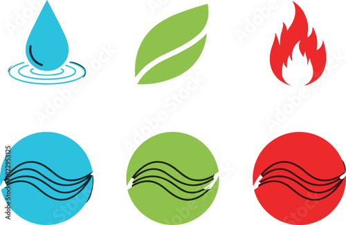 Colorful eco element icons featuring water, leaf, fire, and wave symbols representing nature, environment, sustainability, energy, and natural resources design