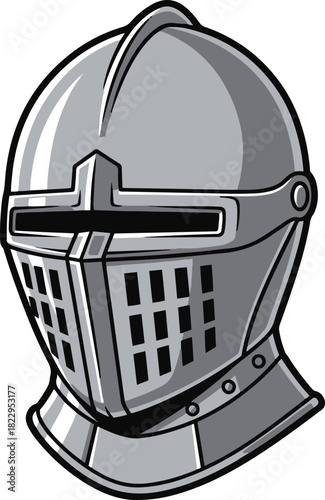 A bold flat vector illustration of a grey medieval knight's helmet featuring a visor, ventilation holes, and shiny metal highlights, designed with thick black outlines 