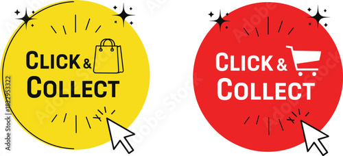 Click and collect shopping icons, online order pickup labels, ecommerce pickup badges, retail click and collect buttons, digital store convenience graphics