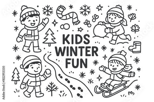 Kids' Winter Playtime. Kids winter fun. Hand-drawn doodle illustration of kids winter fun. Snow-covered path,