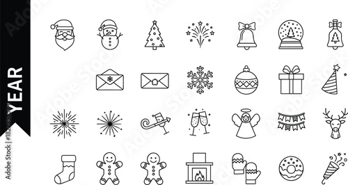 Christmas and New Year holiday line icon set featuring festive symbols, winter elements, celebrations, decorations, gifts, and seasonal illustration collectionChristmas and New Year