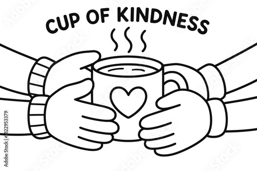Kindness Coloring Page. Cup of kindness children?s coloring book illustration, outlined drawing, two pairs of