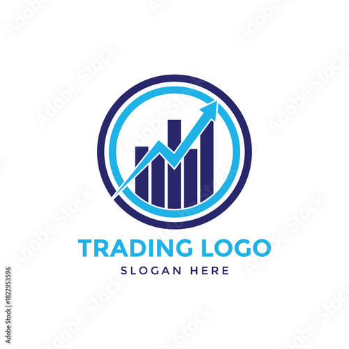 Trading logo with upward arrow and bar chart in blue circle, symbolizing financial market growth, isolated on white background