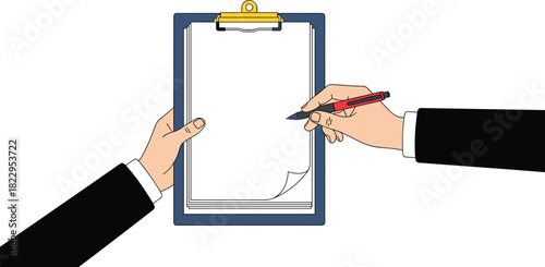 Business hands holding clipboard, signing document illustration, agreement approval concept, contract signature process, paperwork form completion, office workflow graphic